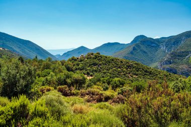 Yunanistan, Messinia 'da yemyeşil ve doğal güzelliklerle çevrili manzaralı bir dağ manzaralı Mardaki Manastırı yamaçlara tünemişti..