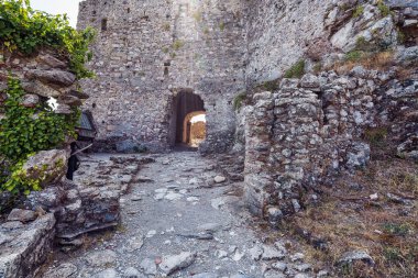 Yunanistan 'ın Mystras kentinin yıpranmış taş kapısında, ortaçağ mimarisi, tarihi kalıntılar ve dingin bir ortamda aşırı gelişmiş bitki örtüsü vurgulanıyor.