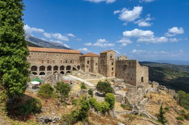 The majestic Palace of the Despots in Mystras, Greece, featuring Byzantine architecture and stunning views of the surrounding valley. clipart