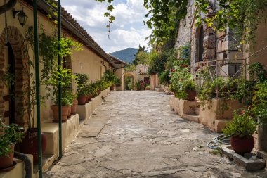 Beautiful flower-filled courtyard of Pantanassa Monastery in Mystras, showcasing vibrant potted plants and traditional Byzantine architecture. clipart