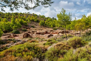 Yunanistan 'ın Lavrion kentinde taş yapılar, kazı çukurları ve çevreleyen yeşil arazilerin yer aldığı antik gümüş madencilik sahasının kalıntıları.