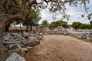 Yunanistan 'ın Ramnous kentindeki Nemesis antik Sığınağı' nın dağılmış taş kalıntıları, ağaçlarla çevrili ve Ege manzarasına bakan.