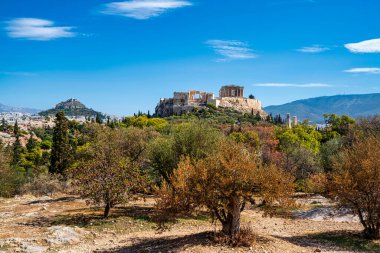 Partenon ve diğer antik yapılarla birlikte sonbahar ağaçları tarafından çerçevelenmiş, yakınlardaki bir patikadan Akropolis manzarası.