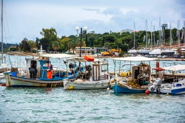 Nea Peramos, Yunanistan - 16 Şubat 2025: Nea Peramos limanında sakin deniz, martılar ve kıyı manzarasıyla çevrili balıkçılarla demirlemiş geleneksel balıkçı tekneleri.