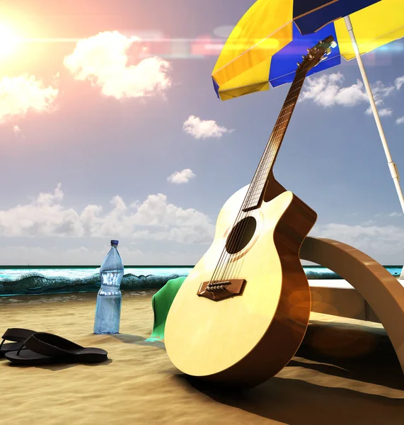 Gün batımında plajda şemsiyenin altındaki iskemleye yakın akustik gitar.