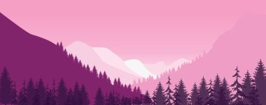 Vector illustration of a beautiful panoramic view. Mountains in fog with forest. Vector nature landscape with silhouettes of mountains and fores