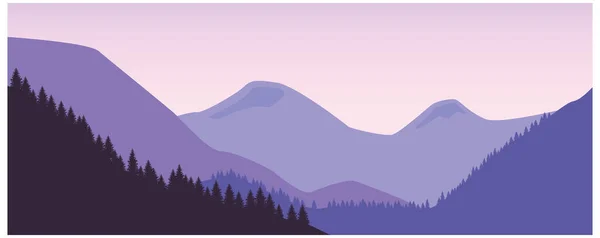 Vector illustration of a beautiful panoramic view. Mountains in fog with forest. Vector nature landscape with silhouettes of mountains and fores
