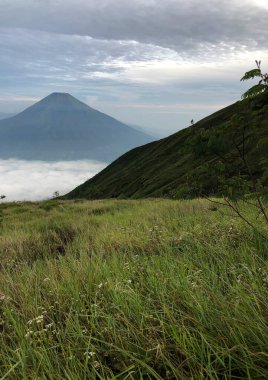 The view from the summit of Mount Sindoro, with Mount Sumbing next to it in the mornin