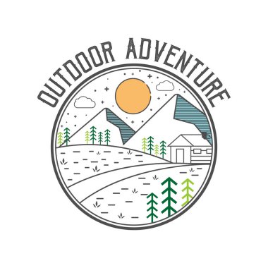 Asgari çizgi sanat macera logo şablonu 10 birim. Klasik basit logo tasarımı. Açık hava macera çizgisi sanat sahnesi, yürüyüş manzarası. Stok vektör rozeti.
