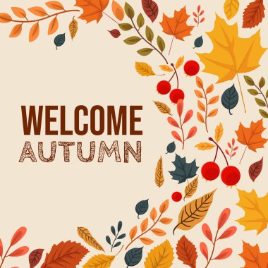 Düz Tasarım Hoş Geldiniz Sonbahar Yaprakları Arkaplanı. Hoş geldiniz sonbahar vektörü arka plan. Sonbahar mevsimi akçaağaç ve meşe yaprakları ile boş uzay arka planında selamlama metni.