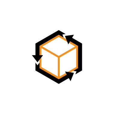 Teslimat Kutusu Okları Logosu. Lojistik küp. Altıgen ışınlanıyor. Teslimat Ok Kutusu. Vektör Paket Yolu Logotype