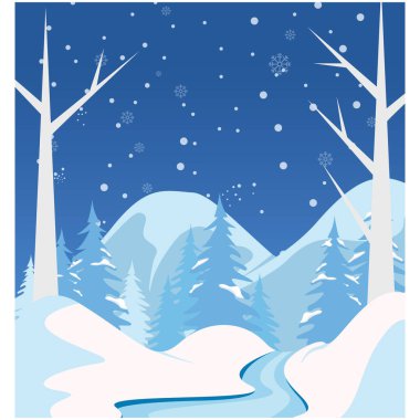 Kış mevsimi kutlaması için düz bir zemin. Karlı Kış Manzarası Arkaplan Çizimi Tasarımı