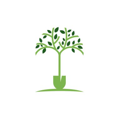Manzara logo ağacı yaprakları ve kürekleri. Kavramsal ağaç kürek logosu. Peyzaj bahçıvanı ikonu. Bahçıvanlık amblemi. Peyzaj şirketi sembolü. Vektör illüstrasyonu.