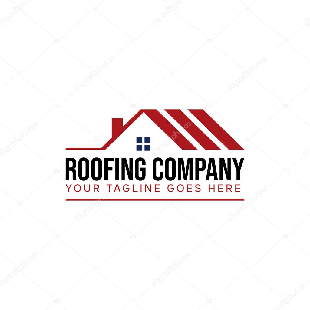 Professional and sleek logo design for a roofing company, showcasing a house outline with a bold red roof and a customizable tagline for branding purposes.