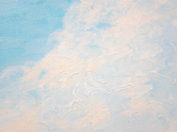 Blue and white acrylic art background with white clouds and blue sky. Hand drawn blue sky oil painting on canvas texture background for flyers, cards, poster, cover or design interior.