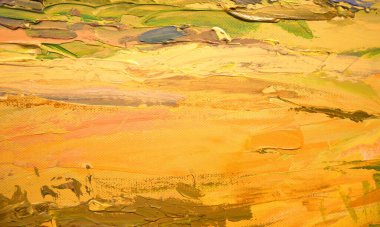 Soyut resim dokusu sarı, turuncu ve yeşil renkler yağlı fırça darbesi, palet bıçağı boyası arka planda