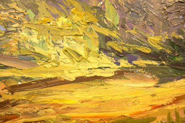 Soyut resim dokusu sarı, yeşil ve kahverengi renkler yağlı fırça darbesi, palet bıçağı boyası arka planda