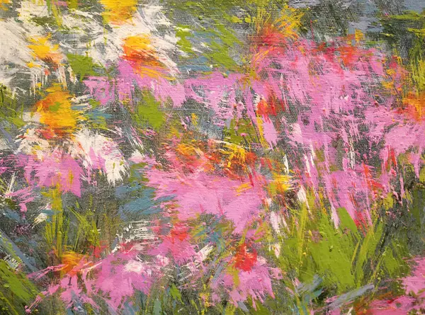 Abstract art painting texture pink, green, white and yellow colors with oil brushstroke, pallet knife paint on canvas background