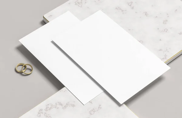 Wedding stationery mock up isolated on white marble background. Paper sheet mock up. 3D illustration
