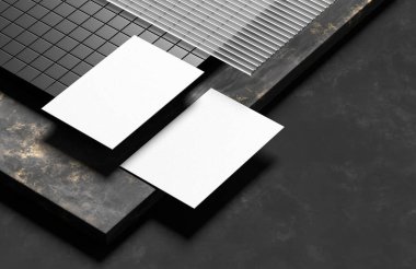 Gerçekçi bir kartvizit, karanlık arka planda izole edilmiş bir şekilde hazırlanır. 3B illüstrasyon.