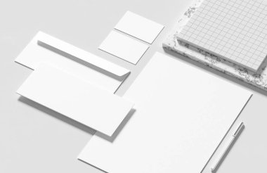 Şirket kimlik kağıtları modern tarz arka planında izole edilmiş bir şekilde oluşturuluyor. Kimlik tespiti için hazırlan. 3B illüstrasyon