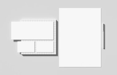 Şirket kimlik kağıtları modern tarz arka planında izole edilmiş bir şekilde oluşturuluyor. Kimlik tespiti için hazırlan. 3B illüstrasyon