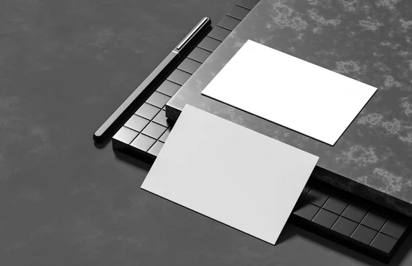 Realistic business card mock up isolated on dark background. 3D illustration.