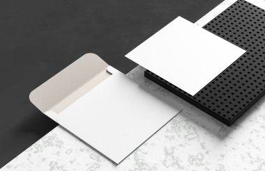 Kare zarf ve davetiye koyu arka planda izole edilmiş. 3B illüstrasyon. 