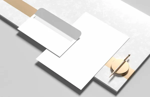 Envelope Com Papel Mock Isolado Fundo Branco Identidade Comercial Mock — Fotografia de Stock