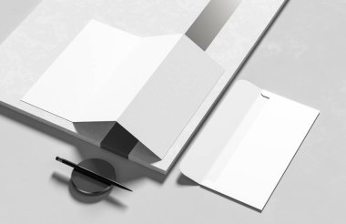 Kağıt kaplamalı zarf beyaz arka planda izole edilmiş. İş kimliği beyaz arka planda izole edilmiş. 3B illüstrasyon. 