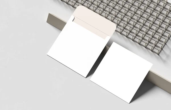 Square envelope and invitation mock up isolated on white background. 3D illustration.