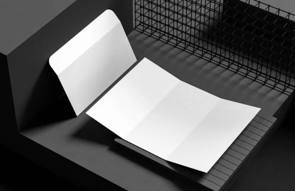 Envelope Com Papel Simular Isolado Fundo Escuro Identidade Comercial Mock — Fotografia de Stock