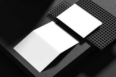 Çift katlı broşür koyu arka planda izole edilmiş. 3B illüstrasyon.