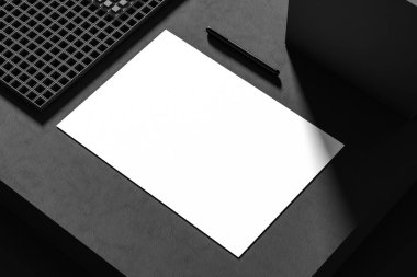 A4 boyutunda beyaz bir kağıt, koyu arkaplanda izole edilmiş. Boş bir A4 portresi. 3B illüstrasyon. 