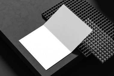 Çift katlı broşür koyu arka planda izole edilmiş. 3B illüstrasyon.