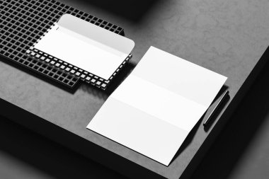 Kağıt kaplamalı zarf koyu arka planda izole edilmiş. İş kimliği, karanlık arka planda izole edilmiş. 3B illüstrasyon. 