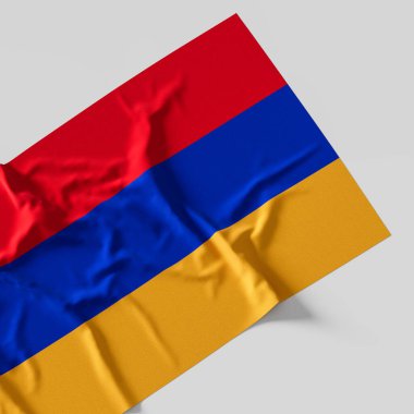 Ermenistan bayrağı. Kumaş desenli Ermeni bayrağı beyaz arka planda izole edilmiş. 3B illüstrasyon. 