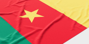 Kamerun bayrağı. Kumaş desenli Kamerun bayrağı beyaz arkaplanda izole edilmiş. 3B illüstrasyon