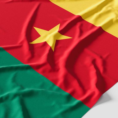Kamerun bayrağı. Kumaş desenli Kamerun bayrağı beyaz arkaplanda izole edilmiş. 3B illüstrasyon
