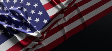 Amerika Birleşik Devletleri bayrağı. Kumaş desenli Amerika Birleşik Devletleri bayrağı koyu arka planda izole. 3B illüstrasyon