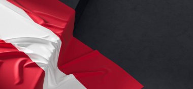 Avusturya bayrağı. Kumaş desenli Avusturya bayrağı koyu arkaplanda izole. 3B illüstrasyon