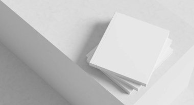 Kare ciltli kitap maketi. Hardcover kitabı beyaz arka planda izole edilmiş. 3B illüstrasyon