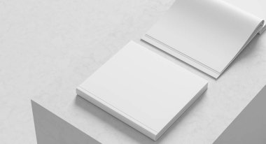 Kare ciltli kitap maketi. Hardcover kitabı beyaz arka planda izole edilmiş. 3B illüstrasyon