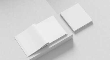 Kare ciltli kitap maketi. Hardcover kitabı beyaz arka planda izole edilmiş. 3B illüstrasyon
