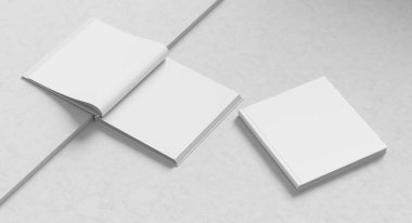 Kare ciltli kitap maketi. Hardcover kitabı beyaz arka planda izole edilmiş. 3B illüstrasyon
