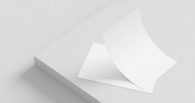 A4 boyunda kâğıt maketi. Beyaz kağıt, beyaz arka planda izole edilmiş bir şekilde duruyor. 3B illüstrasyon