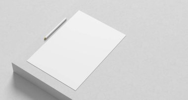A4 boyunda kâğıt maketi. Beyaz kağıt, beyaz arka planda izole edilmiş bir şekilde duruyor. 3B illüstrasyon