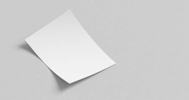 A4 boyunda kâğıt maketi. Beyaz kağıt, beyaz arka planda izole edilmiş bir şekilde duruyor. 3B illüstrasyon