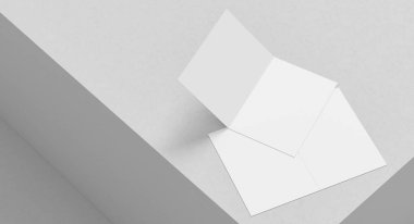 Çift katlı broşür beyaz arkaplanda izole bir şekilde duruyor. Çift katlı kağıt maketi. 3B illüstrasyon