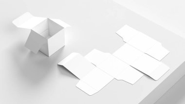 Küp kutusu, beyaz arkaplanda izole edilmiş gibi duruyor. Ürün paketleme kutusu maketi. 3B illüstrasyon. 